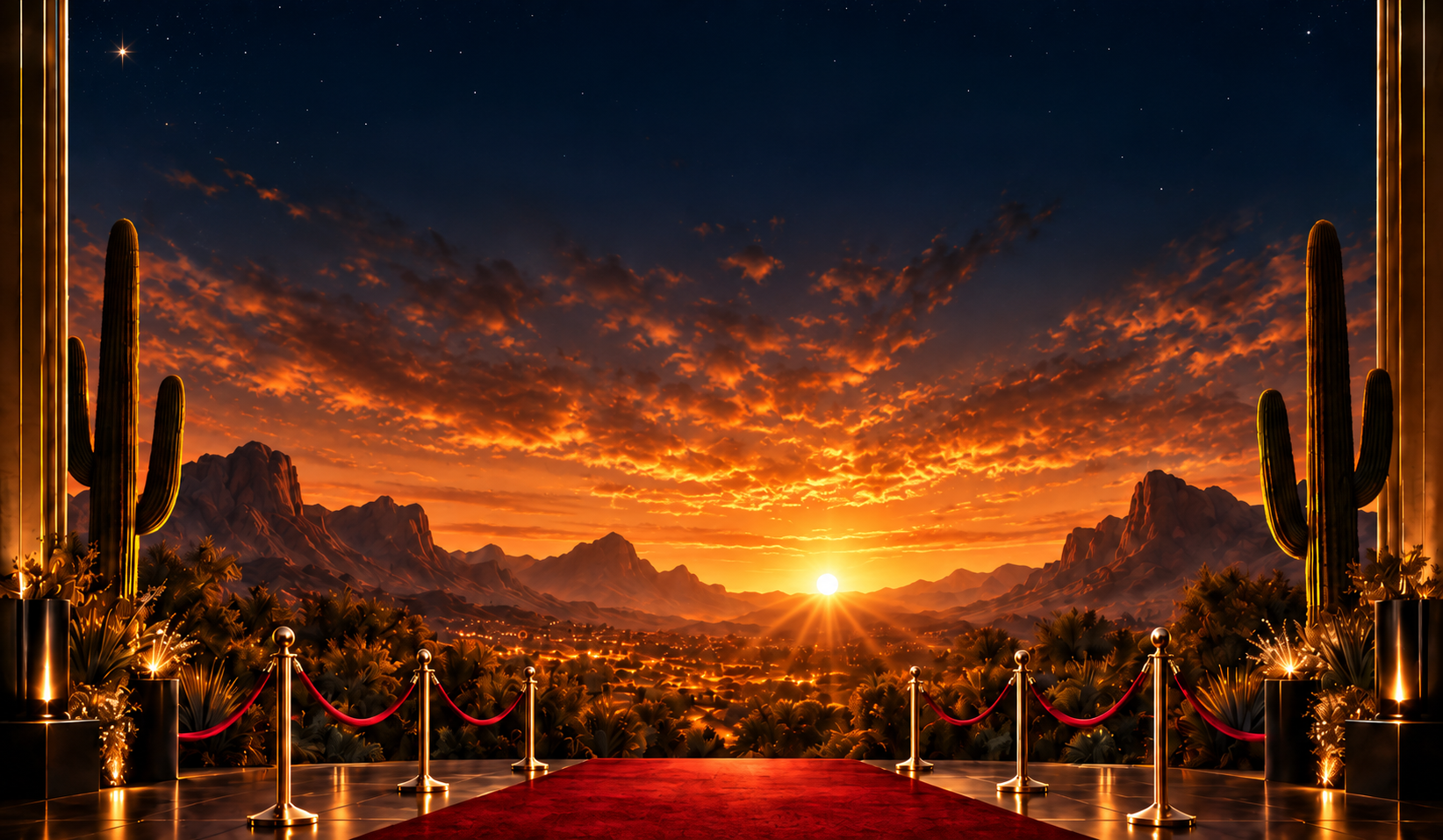 Red carpet terrace at golden hour overlooking the desert valley and sunset mountains