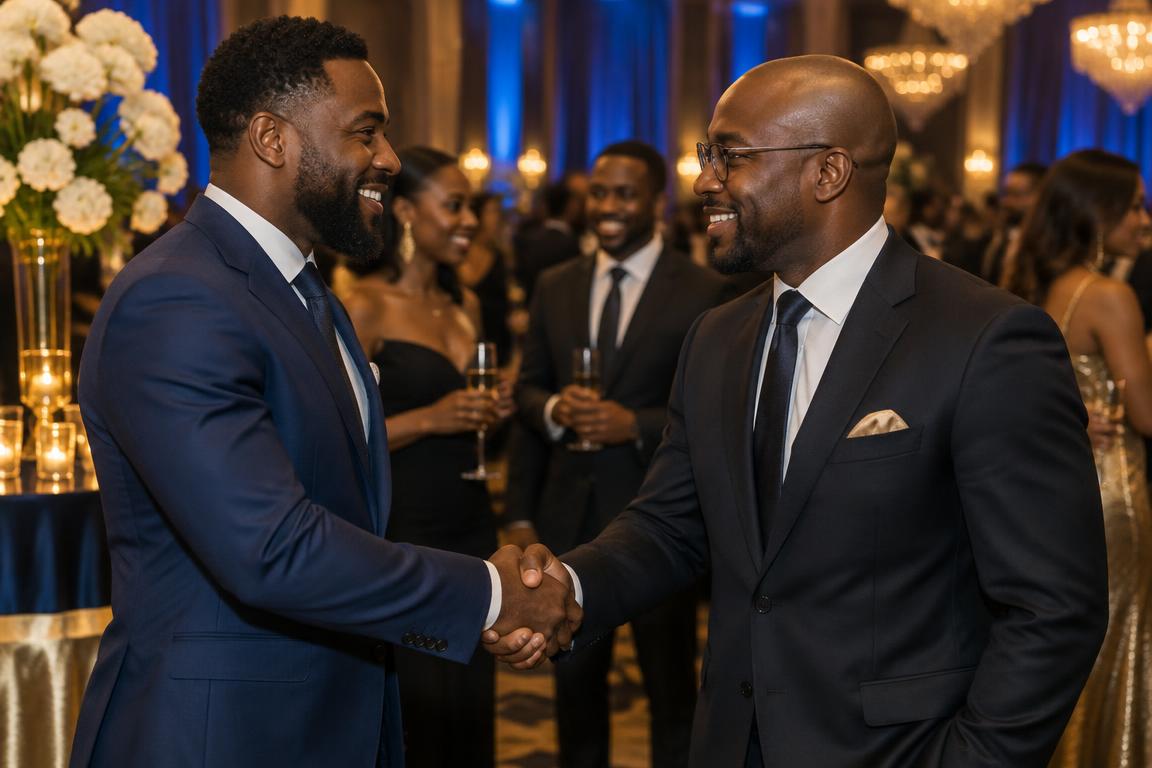 Two executives shaking hands at the gala reception