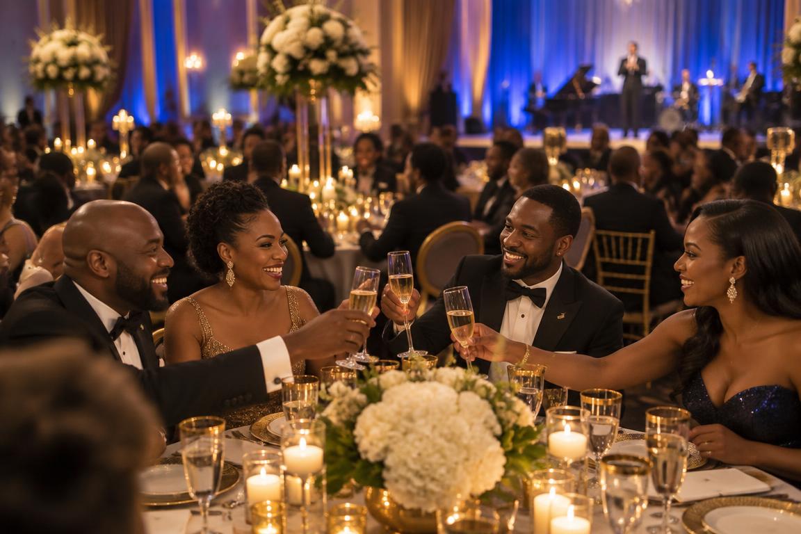 Guests toasting at the black-tie gala dinner
